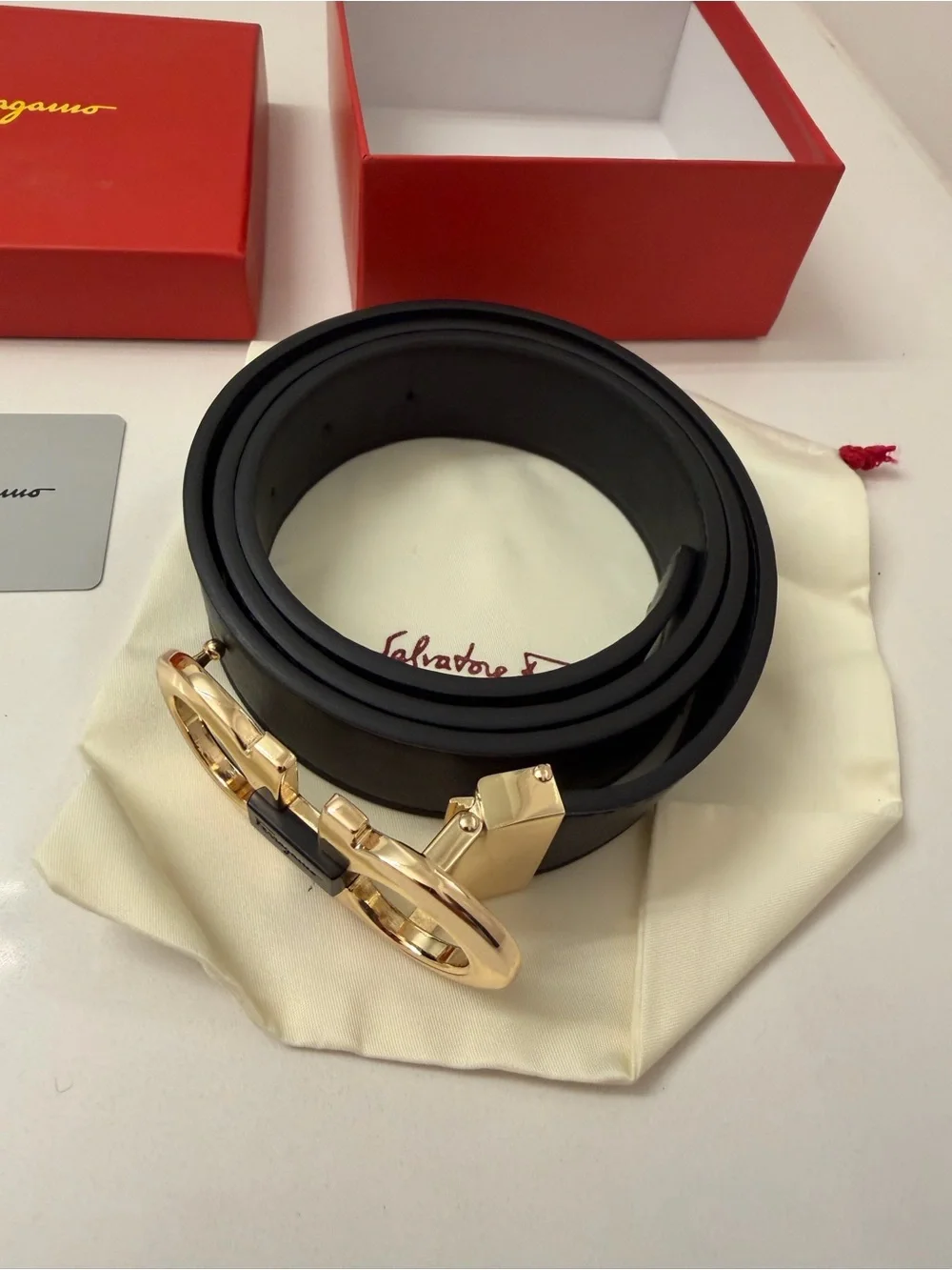 Salvatore Ferragamo Black Leather Belt with Gold Double Gancini Buckle
